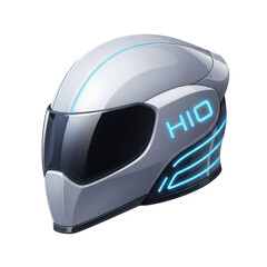 Futuristic White Motorcycle Helmet with Blue Neon Accents and HIO Logo graphic design