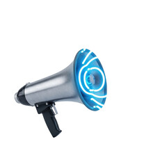 Futuristic Silver Megaphone with Glowing Blue Neon Circuitry Design on Black Background bullhorn