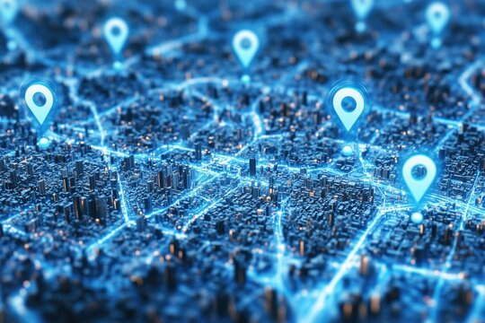 Abstract blue digital city map with glowing location pins, GPS navigation concept.