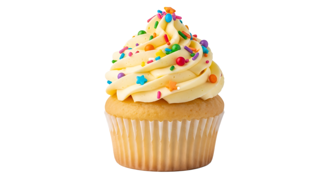Delightful vanilla cupcake topped with creamy frosting and vibrant rainbow sprinkles perfect for celebrations, parties, and sweet treats
