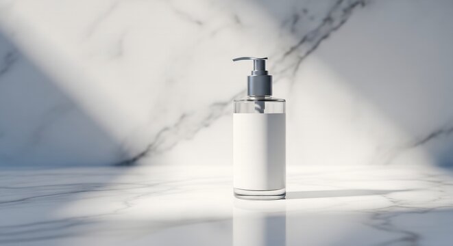 Elegant, clear glass pump dispenser bottle with white label containing lotion or soap, set on a white marble surface with dramatic sunlight and shadow
