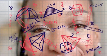 Woman eyes closed opening eyes, blinking while graph-grid overlay on face visualizing math thought - Powered by Adobe
