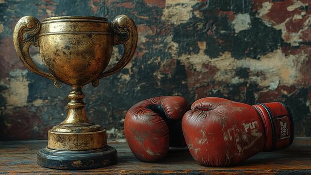 Vintage boxing gloves beside an antique trophy on wood