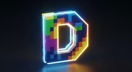 3D Geometric Pixel Letter D with Multi-Color Neon Light Blocks: Abstract Retro-Futuristic Typography for Digital and Gaming Themes
