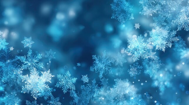 Commercial high-resolution photo of abstract blue background with falling snowflakes and bokeh lights.