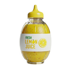 Glass bottle filled with fresh lemon juice and pulp with a yellow cap and label graphic design