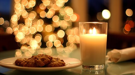 holiday table with cookies milk and candlelight, warm festive mood 