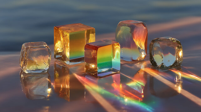 colorful glass blocks arranged on a table, vibrant hues of blue, green, red, and yellow, glossy texture reflecting light, modern aesthetic, suitable for website banners, social media headers, and app