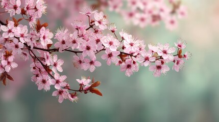 Obraz premium Commercial high-resolution photo of delicate pink cherry blossoms bloom on a tree branch in spring.