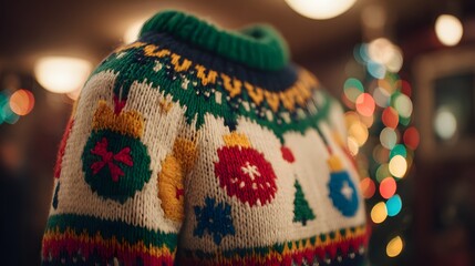 knitted sweater close up with christmas ornaments and fairy lights 