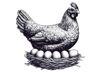 Chicken nest with eggs, sketch. Vintage retro print, hand-drawn illustration chicken on nest, eggs, engraving, detailed ink drawing, chicken portrait, eggs nest. Side view profile. Illustration