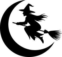 A dark silhouette of a flying witch on a broomstick against black