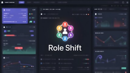 Digital Dashboard Highlighting Team Dynamics and Collaboration: Central Role Shift Icon Surrounded by Glowing User Avatars in a Futuristic HR Management Interface