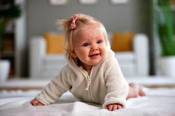 Cute, happy Caucasian baby girl with a pink bow and blue eyes lies on her tummy in a cozy beige fleece outfit, smiling widely in a modern, warm home setting.