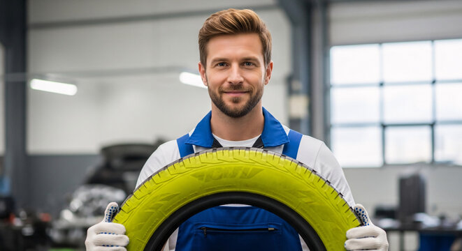 The Tire Technician's Smile: A skilled technician, radiating competence and approachability, holds a vibrant tire, standing confidently within a well-equipped auto repair shop.