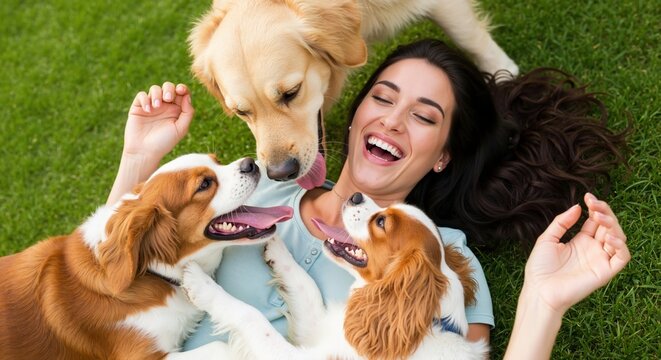 A joyful woman laughing on the grass while being licked by three affectionate dogs. A pet owner enjoying a happy moment outdoors. The concept of love and friendship between humans and animals