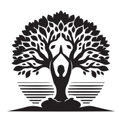 Sunrise Yoga Tree Pose vector silhouette outline logo design concept illustration