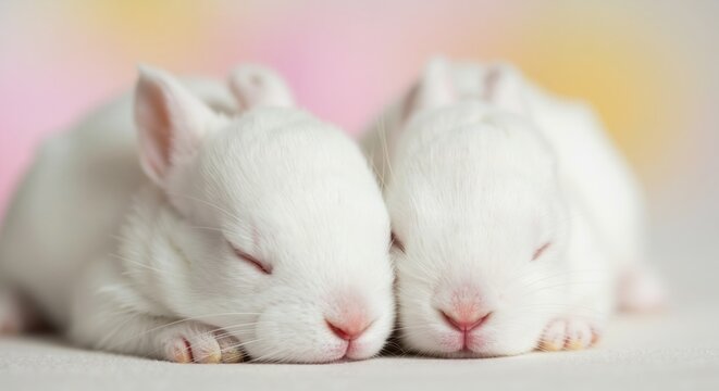 Two adorable newborn white bunnies sleeping together. Cute fluffy baby rabbits on a soft pastel background. Easter and spring animal concept
