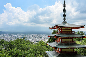 japanese temple in the morning, view on mount fuji