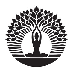 Sunrise Yoga Tree Pose vector silhouette outline logo design concept illustration