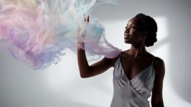 Elegant African American Woman Posing with Flowing Pastel Fabric in Studio Silver Dress Braided Hair Against White Background Soft Lighting Adobe Stock Photo
