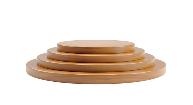 Elegant tiered wooden display platforms for product presentation, perfectly isolated on a clean transparent background, showcasing simplicity and natural material and design
