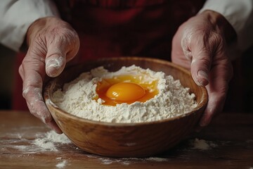 Hands of an elderly baker holding a wooden bowl with flour and raw egg yolk on top, rustic kitchen scene.
