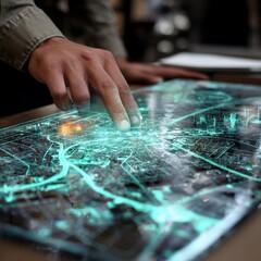 Naklejka premium A futuristic 3D holographic interface displaying an intricate digital map for advanced navigation and exploration.