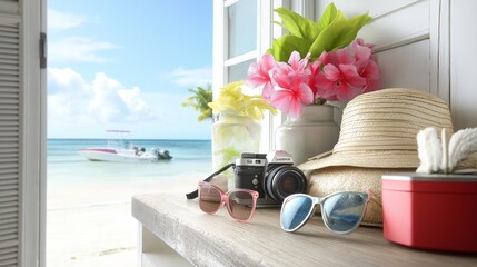 A vibrant array of summer travel items, including a snorkel set, sunglasses, a beach hat, and a camera, scattered across a wooden table, with a ocean visible through an open door leading to the beach