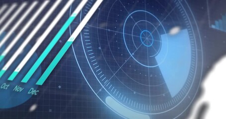 Camera pulling back composite HUD sweeping radar filling bars globe sliding showing monthly trends - Powered by Adobe