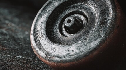 Obraz premium Close-Up View of an Industrial Wheel on Rough Concrete Surface Highlighting Texture and Wear