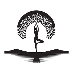 Sunrise Yoga Tree Pose vector silhouette outline logo design concept illustration