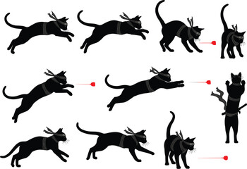 Ninja cats playing with laser pointer, funny pet action illustration, stealth feline movement art, cartoon animal concept, flat vector design