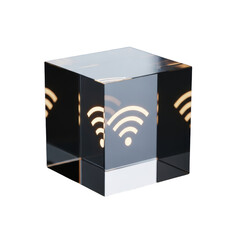 Glowing Wi- Fi Symbol Inside a Transparent Crystal Cube on Black Background Wi-Fi wireless