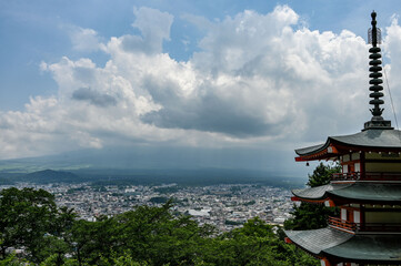 japanese temple in the morning, view on mount fuji