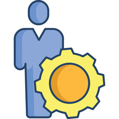 Blue Silhouette Figure Stands Beside Large Yellow Gear Illustrating Connection Between People and Mechanical Systems Clean Design