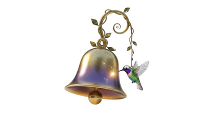 Golden Bell with Twisting Vine and Hummingbird Sipping Nectar brass metallic