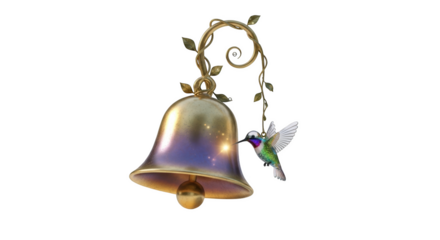Golden Bell with Twisting Vine and Hummingbird Sipping Nectar brass metallic