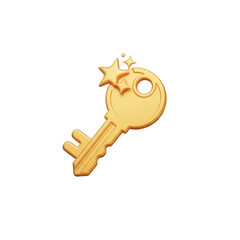 Golden Key with Sparkle and Stars Icon on Transparent Background shiny metallic