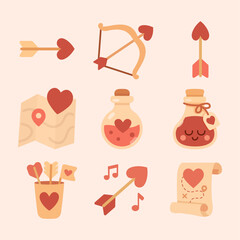 Cute Valentine's icons. A set of pastel-colored vector icons inspired by love and Valentine&rsquo;s Day. Includes heart-tipped arrows, potion bottles, and treasure maps. Perfect for greeting cards