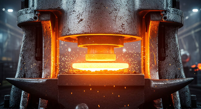 Closeup of a blacksmith forging a redhot metal disc with a hydraulic press in workshop - Powered by Adobe