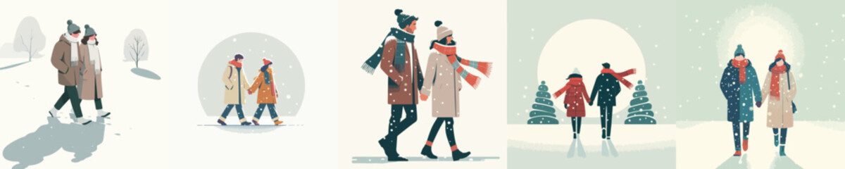 Romantic Couple Walking under Snowfall. Vektor, design, minimalist, illustrations, set icon