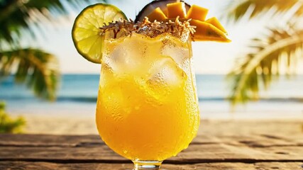 A vibrant, frosty tropical beverage, likely a juice or cocktail, glistens with condensation and ice in a clear glass. It's elegantly garnished with a fresh lime slice, succulent mango chunks, and deli