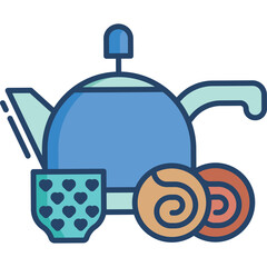 Blue Teapot With Heart Patterned Cup And Swirl Cookies Against White Background In Flat Design Style