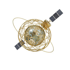 Golden Satellite Orbiting A Textured Globe With Solar Panels space earth
