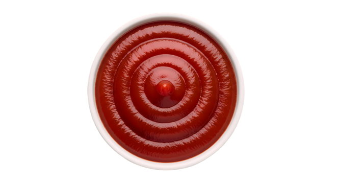 Vibrant red sauce filling a small white ceramic bowl, showcasing a smooth, thick texture with captivating concentric circles from an overhead perspective, isolated on a clean transparent background - Powered by Adobe
