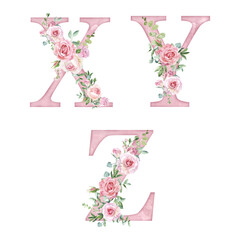 Watercolor pink roses flowers letter set, alphabet for card design, initials, monogram print.