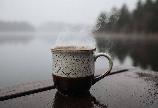 Steaming coffee mug on wooden table overlooking foggy lake