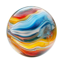 Vibrant swirling colors encased in a round glass orb on a transparent background