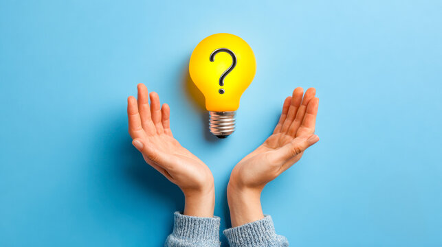 Brainstorming concept: hands with glowing bulb and question mark on blue background